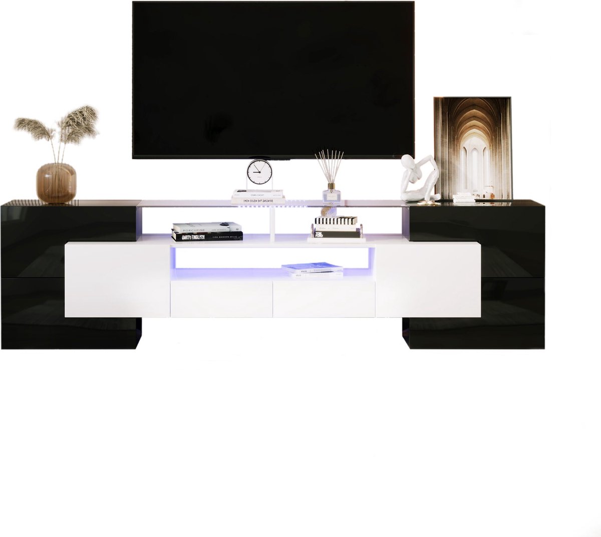 Merax Stijlvol TV - Meubel – Hoogglans Wit en Zwart met LED - Verlichting – Modern Ontwerp 200 cm