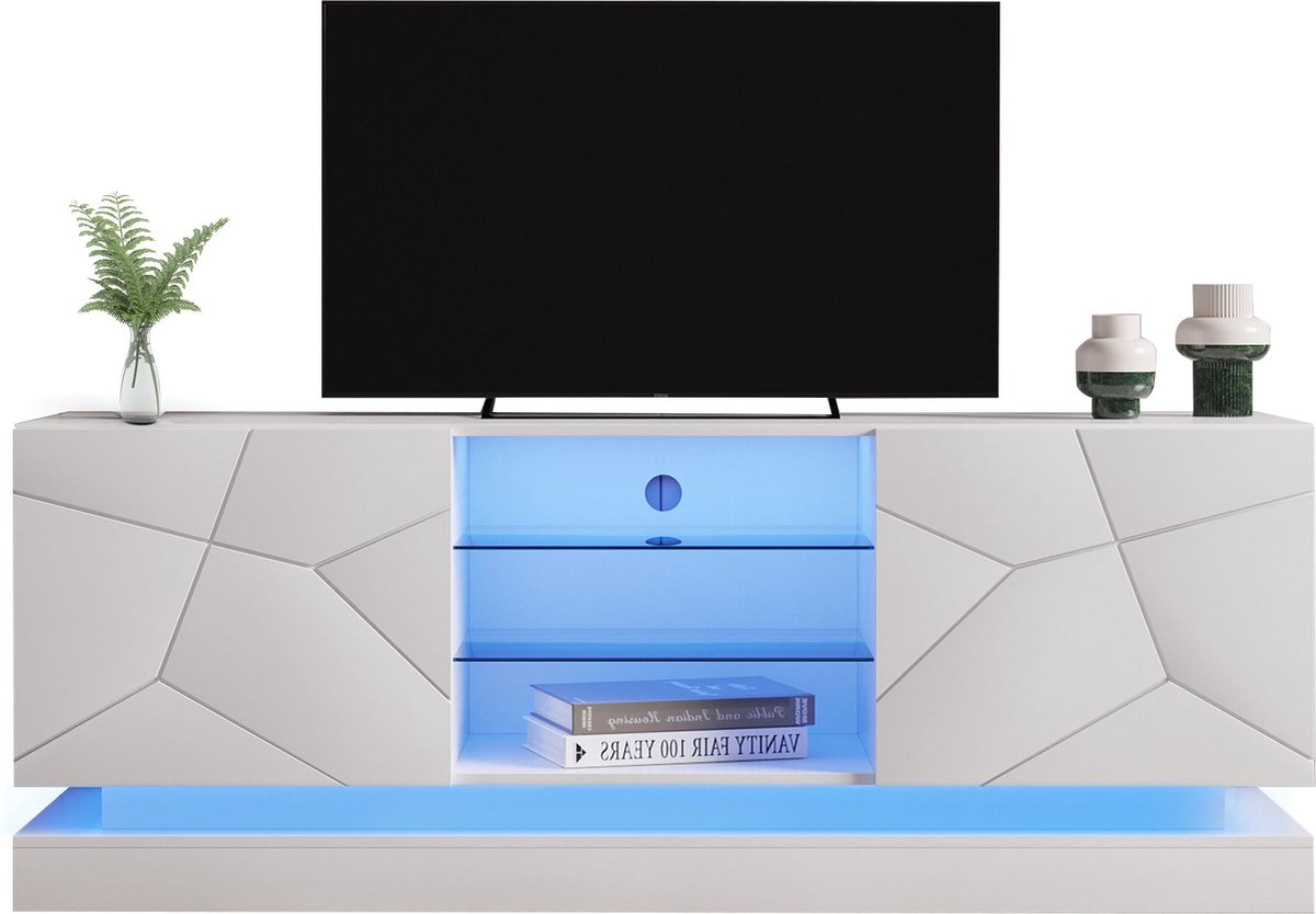 Merax TV-meubel Hoogglans Wit - 1.6 Meter met Verstelbare Glasplanken - Geschikt voor TV’s tot 70 inch - Stijlvolle Opbergruimte met Soft - Close Scharnieren