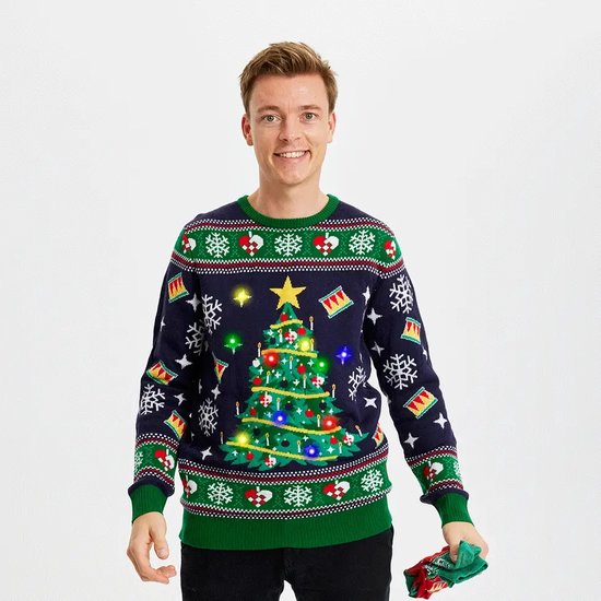 Foute Kersttrui met Lichtjes Dames & Heren - Lampjes - Christmas Sweater LED "De Fonkelende Kerstboom" Maat S