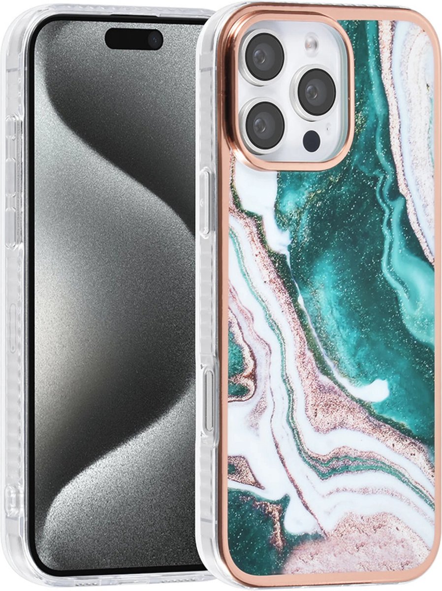 TUNIQ telefoonhoesje voor Apple iPhone 16 Pro - Siliconen backcover - Marmer groen