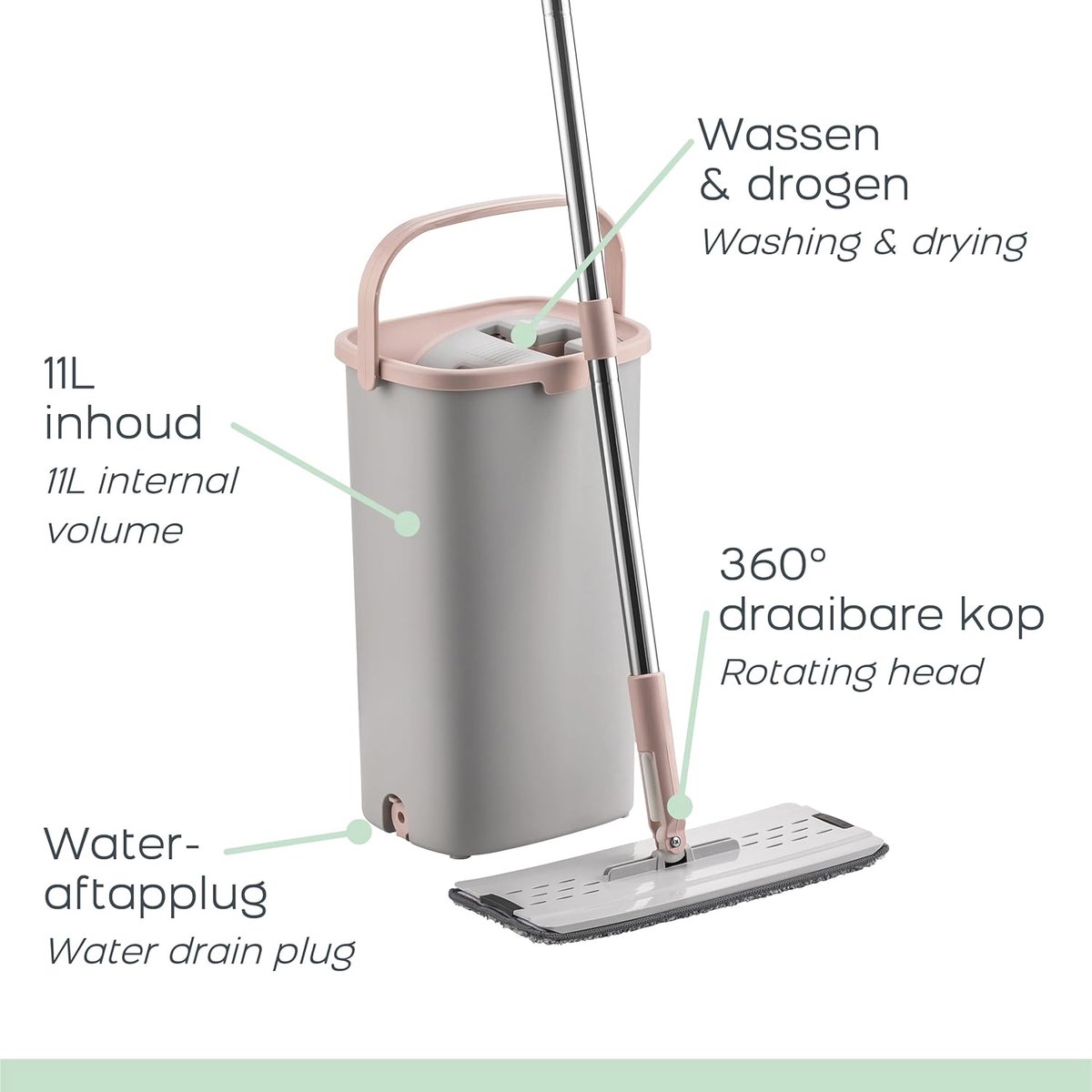 360 graden dweil met drukklemsysteem, geen handwas, één knop om te 360 graden dweil met drukklemsysteem, geen handwas, één knop om te