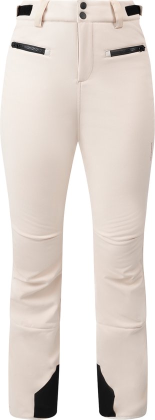 Dames, beige skibroek met zwarte details aan de zijkanten en enkels.