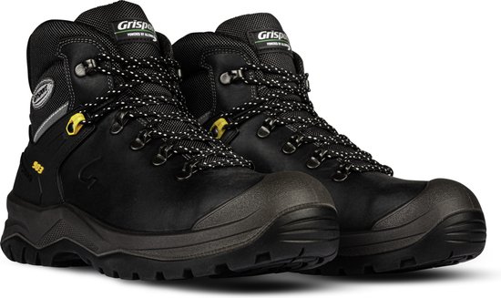 Paar hoge zwarte werkschoenen met veters en gele accenten. Grisport logo op de zijkant.