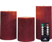 Bougies piliers LED Anna Collection - 3x - rouge bordeaux - nervurées