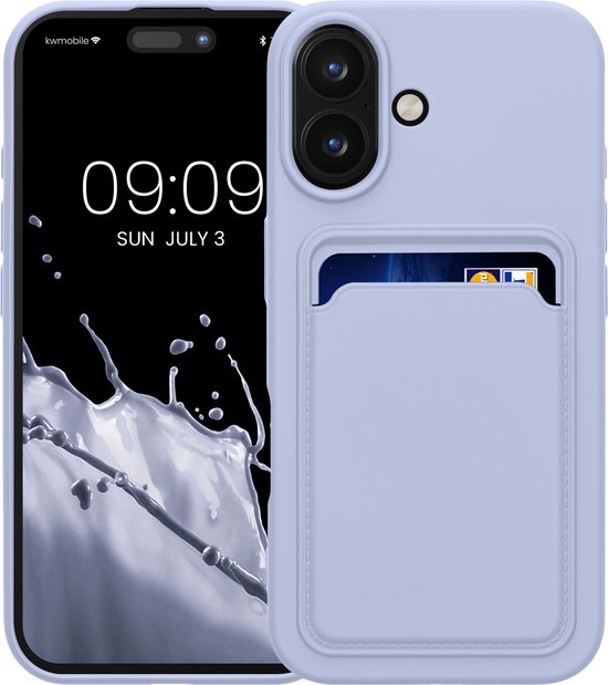 Coque de téléphone lavande avec porte-cartes, à côté d'un iPhone 16.