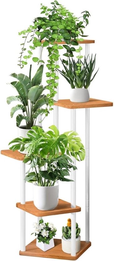 Foto: Plantenladder plantentrap plantenrek opbergrek plantenstandaard plantenhouder bloemenrek bloementrap met 5 etages wit totale hoogte 106 cm