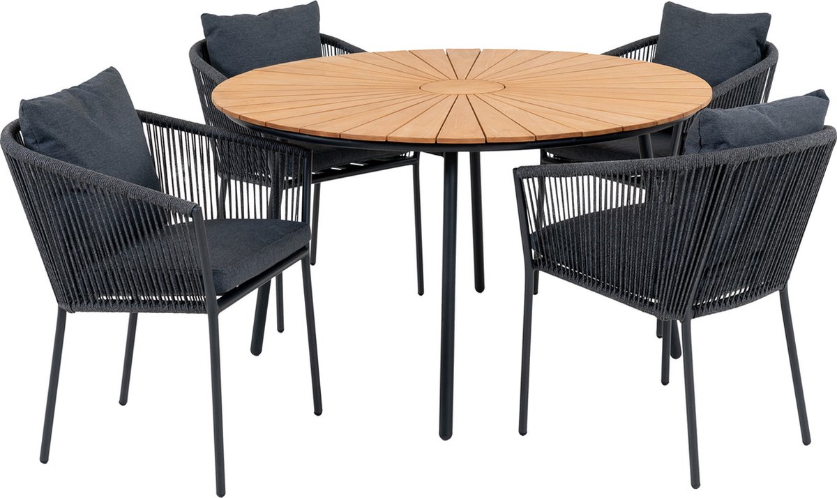 Cleveland tuinmeubelset eetkamertafel Ø130cm naturel, zwart en 4 Salerno stoel grijs, zwart.
