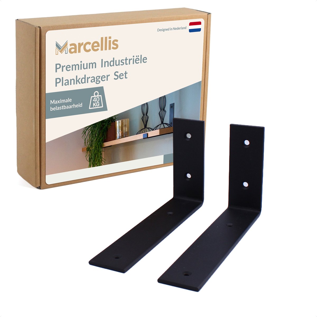 Marcellis - 2x Industriële plankdrager - Voor plank 15 tot 20cm + schroefset - mat zwart - staal-T5