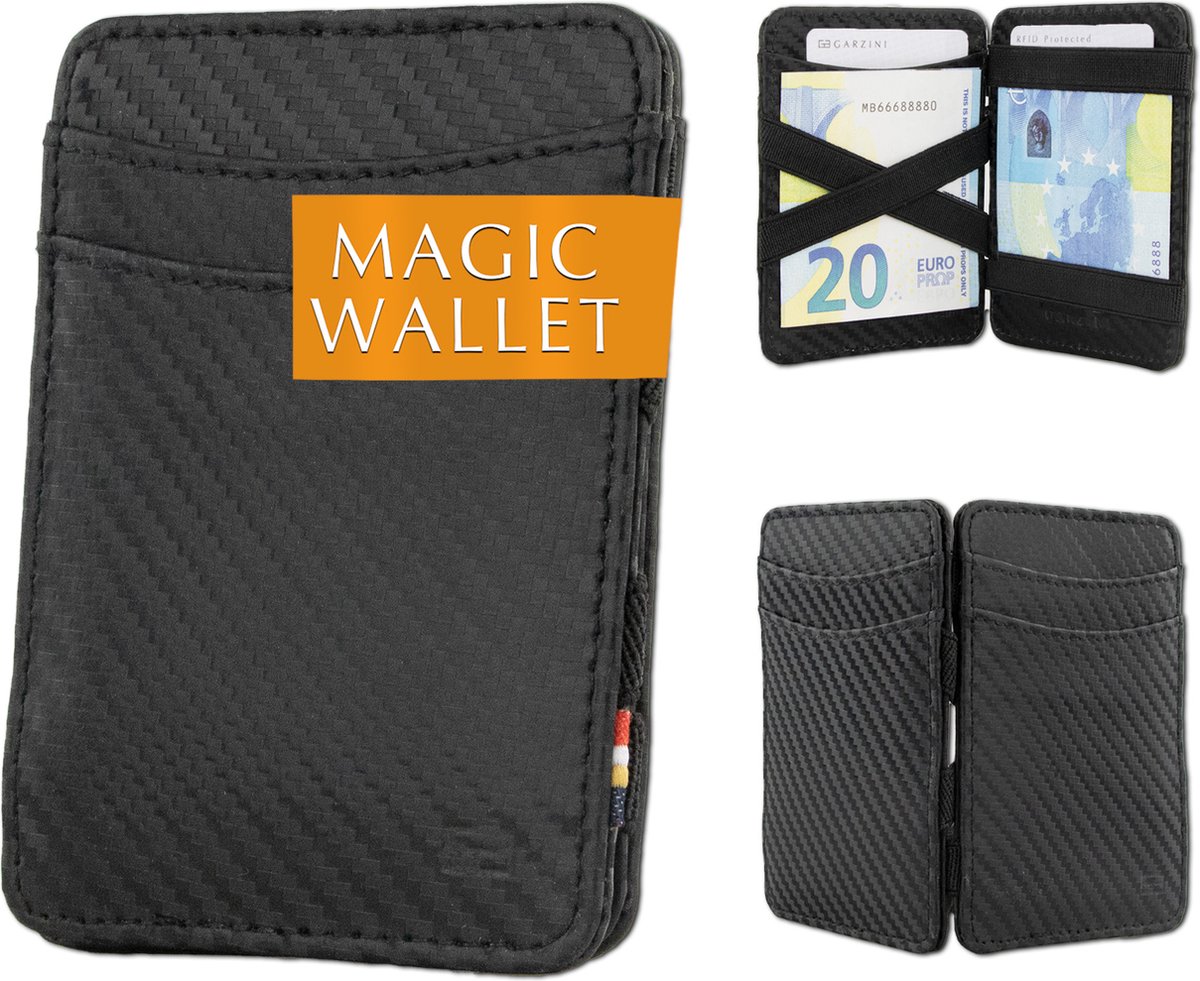 Hunterson compacte Portemonnee voor heren en dames uit leder, Kaarthouder met RFID-bescherming, Portefeuille met plaats voor 8 kaarten, Magic Wallet, Zwart Carbon