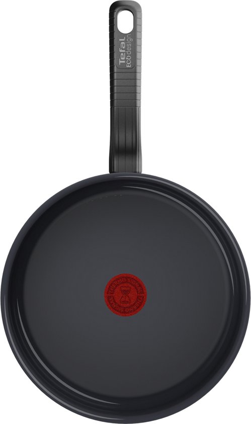 Zwarte Tefal hapjespan met rode Thermo-Spot en zwart handvat met "ECODESIGN" tekst.