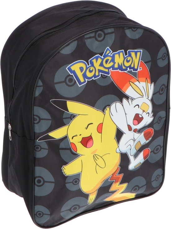 Zwarte rugzak met Pokémon-print van Pikachu en Scorbunny, met Pokémon-logo erboven.