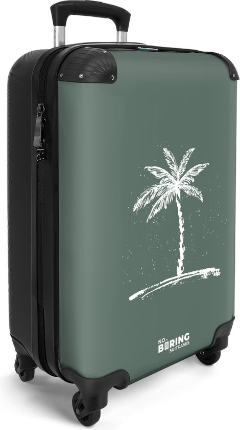 NoBoringSuitcases.com® - Handbagage koffer lichtgewicht - Reiskoffer klein op wielen - Groen met witte palmboom - Rolkoffer met wieltjes - Past binnen 55x40x20 en 55x35x25 - Cabin trolley met TSA slot - Suitcase