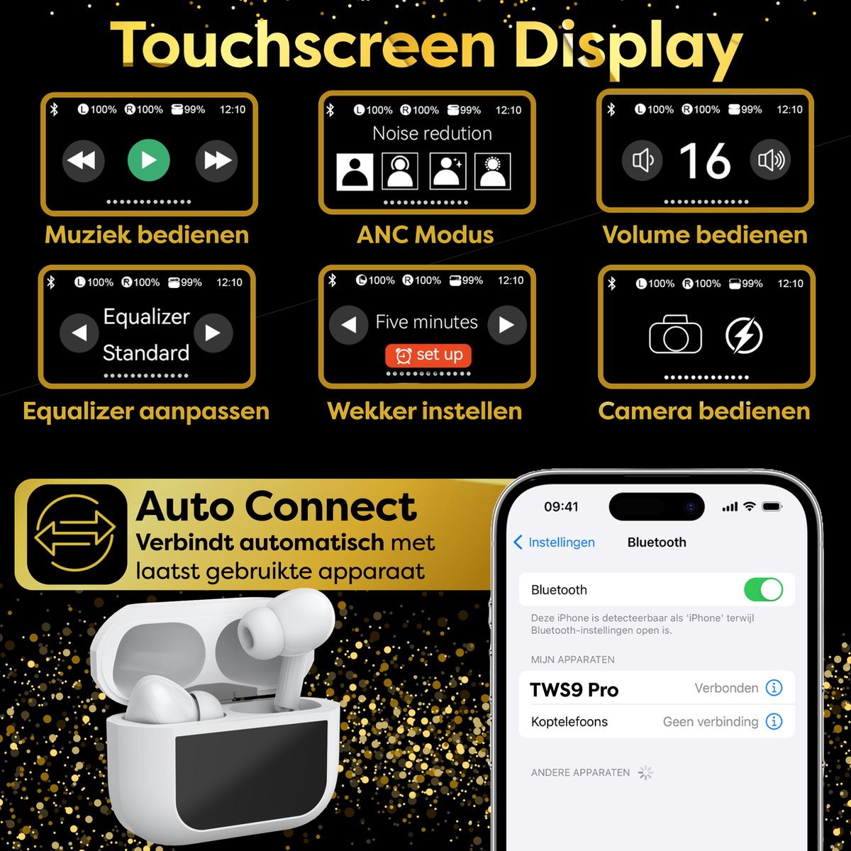 In-Ear Draadloze Oordopjes met Touch Display - Geschikt voor iPhone Oortjes - Nieuwe Bluetooth 5.4 - Noise Cancelling - Oortjes Draadloos - Originele Wireless EarBuds - Phreeze TWS9 Pro – foto 6