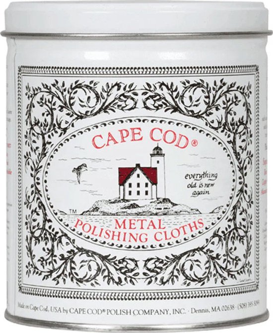 Blik met Cape Cod metalen polijstdoekjes met een afbeelding van een vuurtoren.