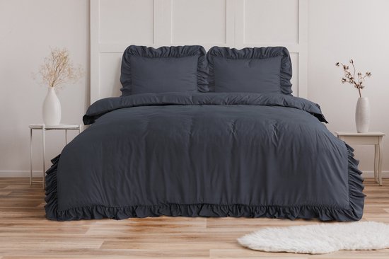 Housse de couette Sleeptime Ruffles - 240X200/220 + 2 x taies d'oreiller 60x70 - Anthracite