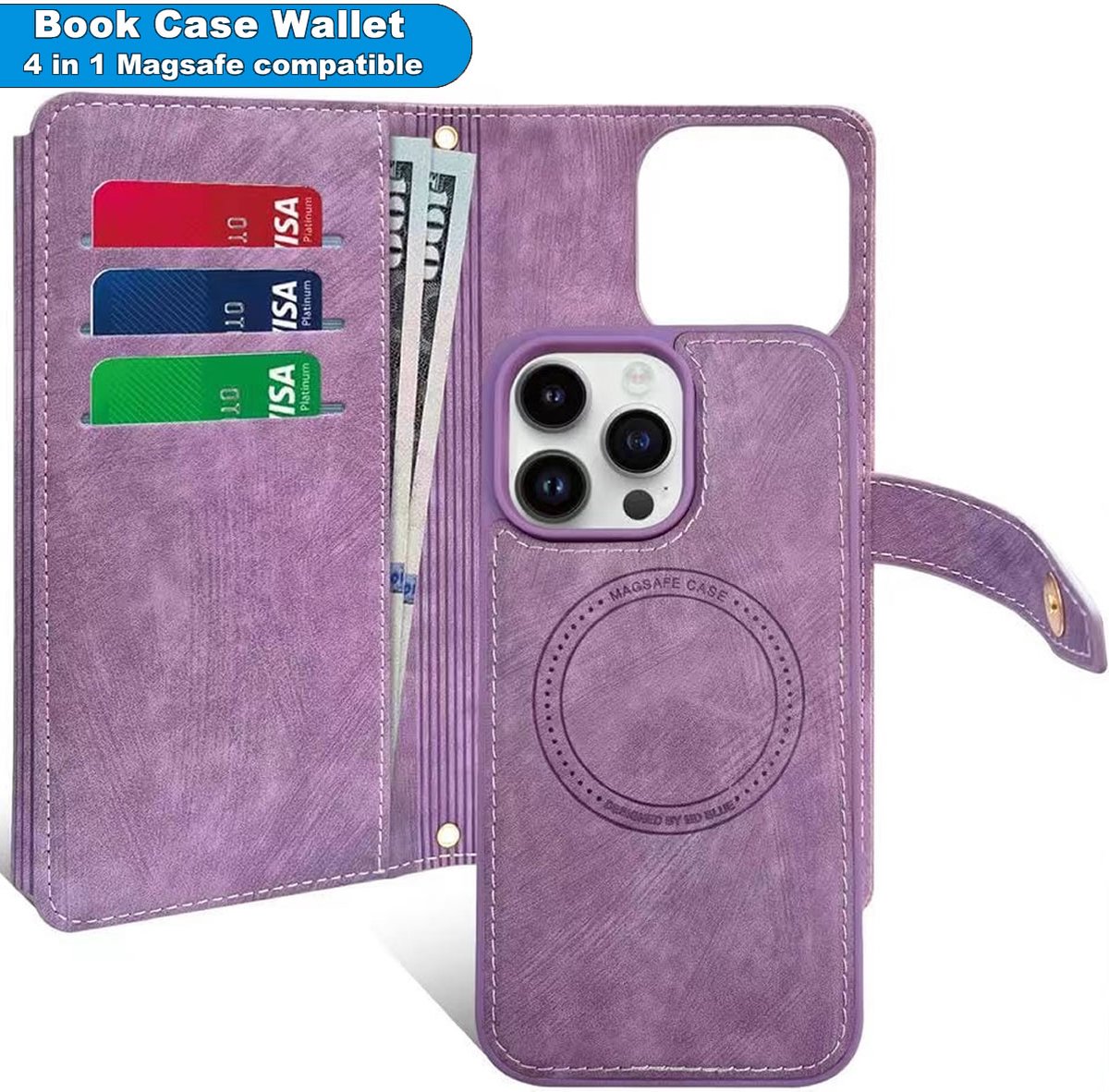 Elegant Book Case Hoesje geschikt voor Apple iPhone 15 Pro Max - Uitneembare back cover - Draadloos Opladen - met pasjeshouder - Paars