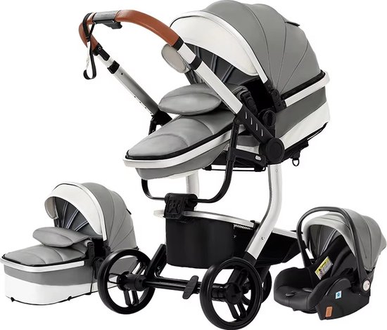 Grijze en witte kinderwagen met bruin handvat, inclusief reiswieg en autostoel.