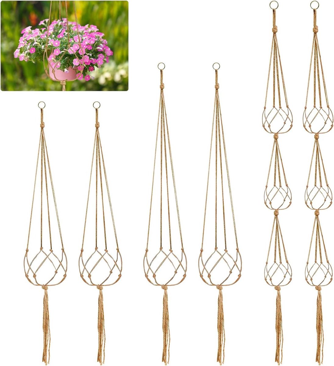 Plantenhanger Hangende Linnen Macrame Plantenhouder Set van 6 in 3 Maten Binnen Buiten Plafond Balkon Decoratie Henneptouw Ophanghanger