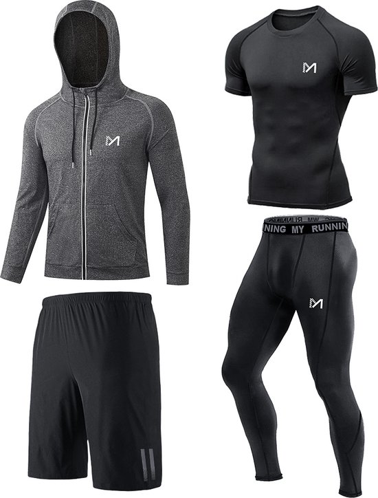 4 in 1 Compressie Sportbroek Heren - T-shirt- Sportshirt - Sportkleding - Fitnesskleding - Hardloopbroek Heren - Sportshorts Trainingsjack- Zwart - Maat L