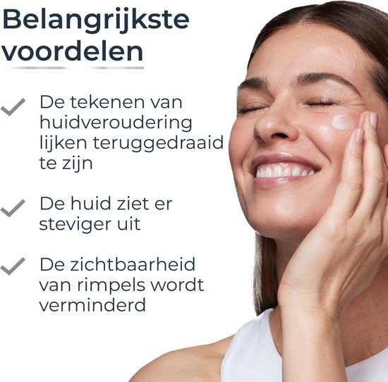 Vrouw met gesloten ogen, brengt Eucerin serum aan. Belangrijkste voordelen: tekenen huidveroudering teruggedraaid, huid ziet er steviger uit, rimpels verminderd.
