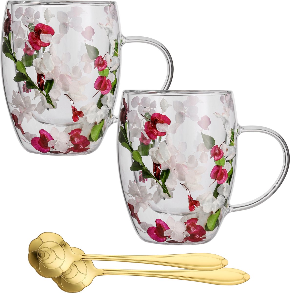 Cliste Dubbelwandige Koffieglazen Set van 2x Met Oor en Gratis 2x Lepels 400ML Handgemaakt Glas Echt Gedroogd Bloem-en bladglas Latte Macchiato Glazen Dubbelwandige Theeglazen Cappuccino Glazen Koffieglazen