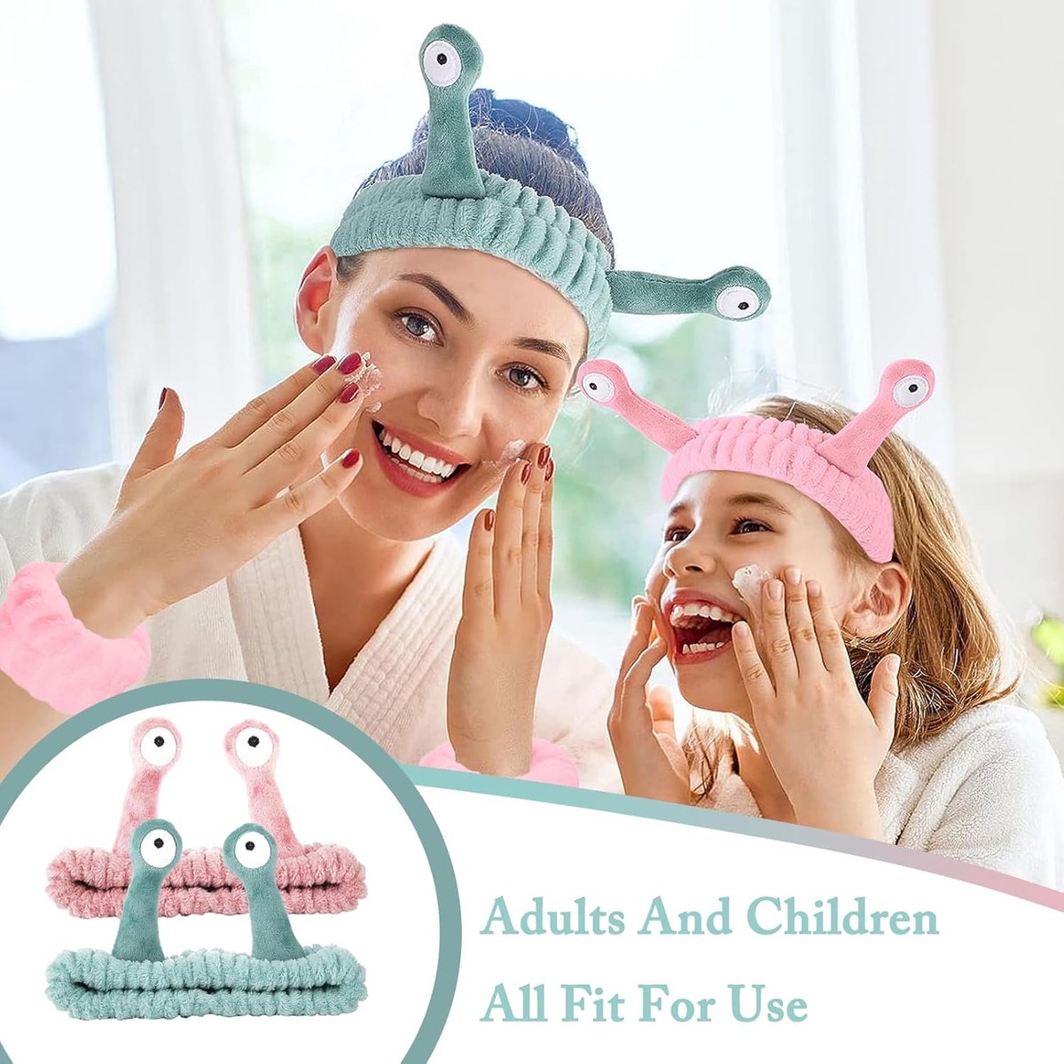 DRESHOW Spa Hoofdband voor het Wassen van Gezicht Polsband Slak Haarbanden Elastische Make Up Hoofdband Cartoon Set Spons Zachte Badstof Make Up Huidverzorging Anti Slip Hoofdband voor Vrouwen