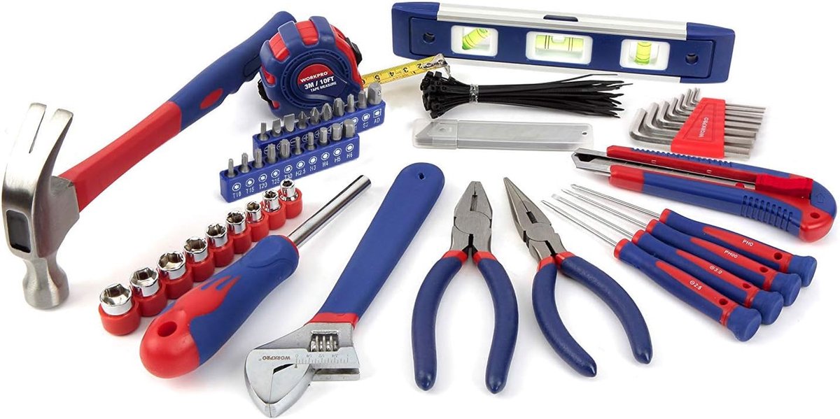 WORKPRO Gereedschapsset met opbergtas voor thuis- of werkgebruik, 100-delig, van koolstofstaal en Cr-V, blauw, rood, zwart