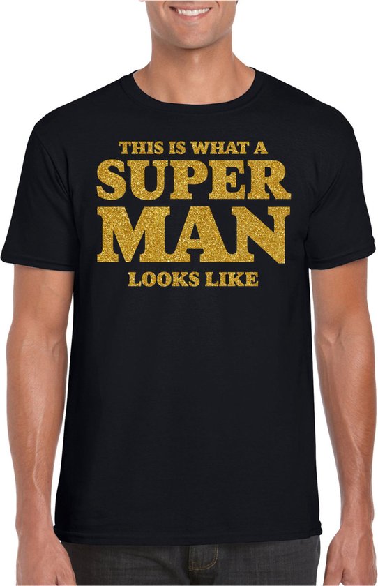 Bellatio Decorations Chemise habillée pour homme - super man - noir - or pailleté - soirée à thème - Vaderdag M