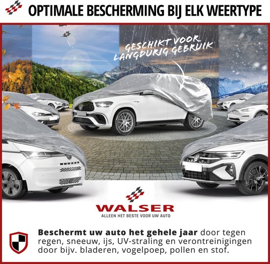 Witte SUV omhuld door een zilveren autodeksel, omringd door andere auto's, met de seizoenen op de achtergrond.