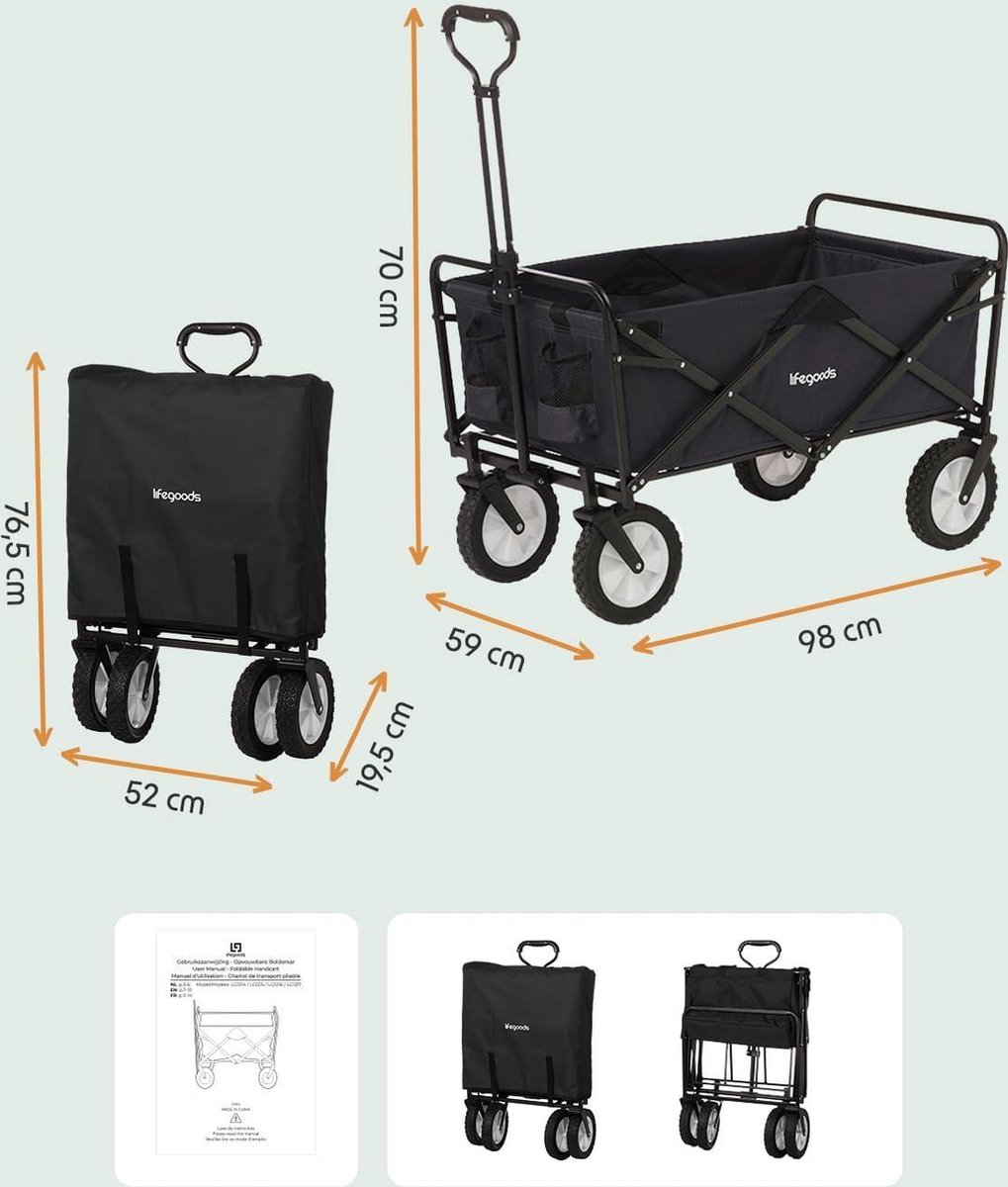 Lifegoods Bolderkar - Xl - Opvouwbaar - Bolderwagen - 200l - 100kg - Grijs
