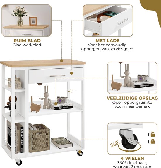 BukkitBow - Desserte de Cuisine avec plan de travail - Desserte de cuisine sur roulettes - Avec tiroir et Planches ouvertes - Avec frein pour les roulettes - Armoire d'épicerie mobile / Support de rangement