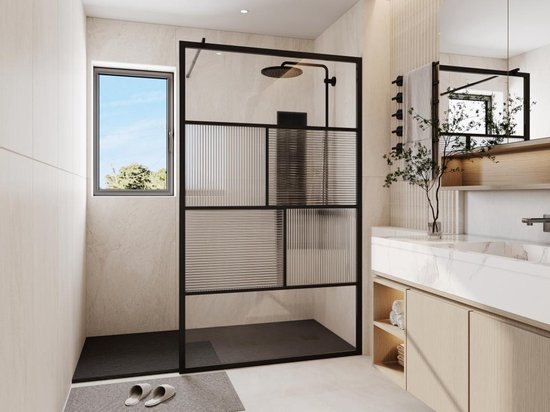 Shower & Design Paroi de douche italienne avec sérigraphie et texture - Noir mat - 120 x 200 cm - SLOMENA L 120 cm x H 200 cm x P 0,6 cm