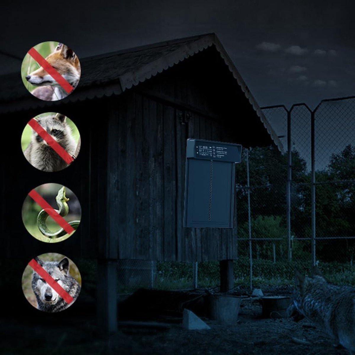 Automatische kippenhokdeur, werkt op zonne-energie, met tijdgestuurde