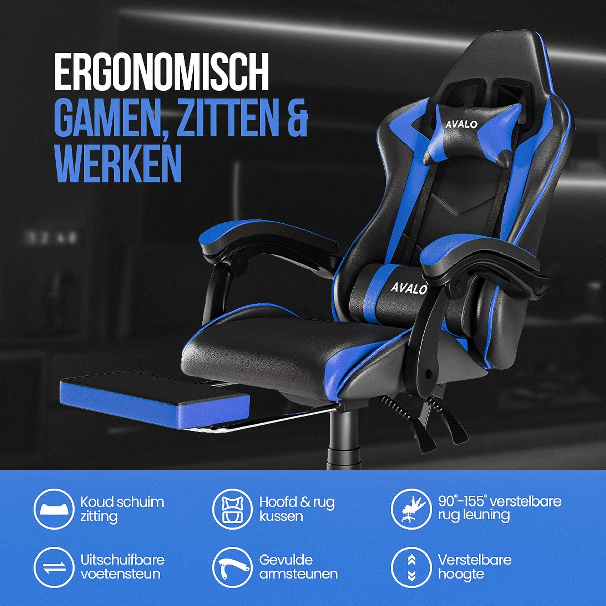 Afbeelding 2 van Avalo Gaming Stoel - Gamestoel - Ergonomische Bureaustoel Verstelbaar - Game Stoel - Gaming Chair - Zwart/Blauw