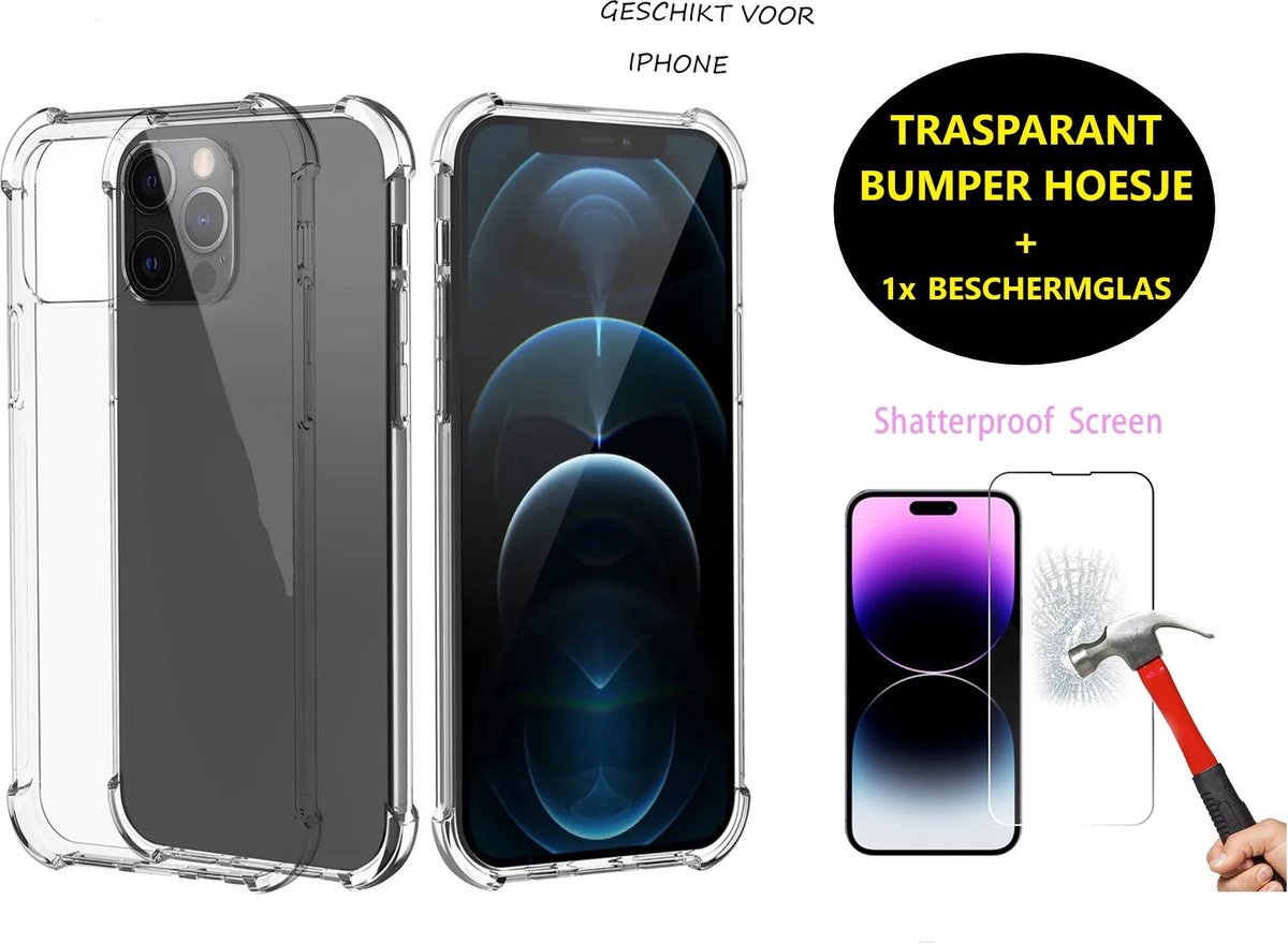 Telefoonhoesje Geschikt voor iPhone 13 Pro Max Transparant Bumper + Screenprotector - Glasbescherming & Bumpercase - Phone Case bumper hoesje