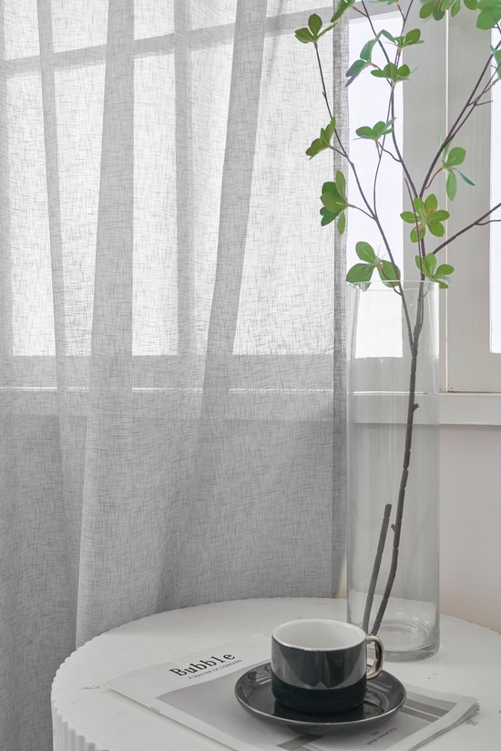 Maroyathome Bibiana - Vitrage - Kant en klaar - Plooiband - Loodveter - Schelphaken - Embrasse - LICHT GRIJS - 200 x 250 cm - 200 cm breed - 250 cm lengte - 1 stuks