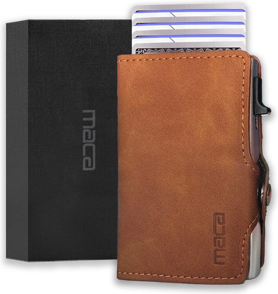 Maca Pasjeshouder Bruin - Creditcardhouder - 12 pasjes + briefgeld - Kaarthouder - Uitschuifbaar - Mannen & Vrouwen - Leer - RFID - Luxe - Met Cadeauverpakking