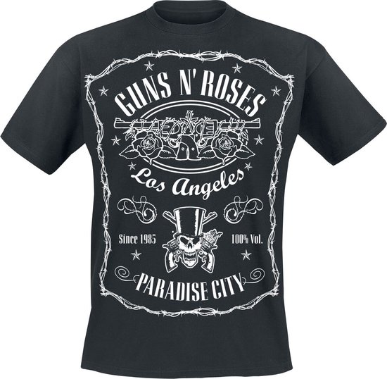 Zwart T-shirt met Guns N' Roses 'Paradise City' label print in wit. Met geweren, rozen en doodskop.