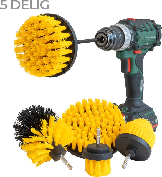 Homiefy Ensemble de brosses 5 pièces pour perceuses - Accessoire brosse à récurer - 5 accessoires de brosse - Brosses de nettoyage pour intérieur et extérieur - Brosse de nettoyage pour perceuse (jaune)