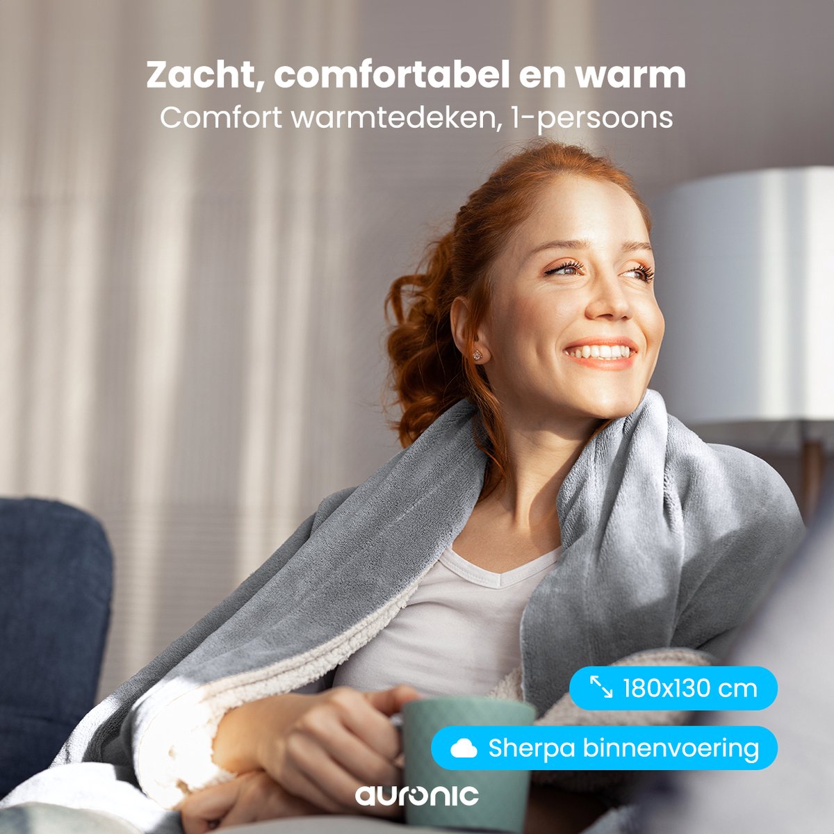 Afbeelding 2 van Auronic Elektrische Deken - Warmtedeken - Sherpa Fleece - 9 Hitte en Timerstanden - Bovendeken - 180x130 - 1 persoons - Grijs