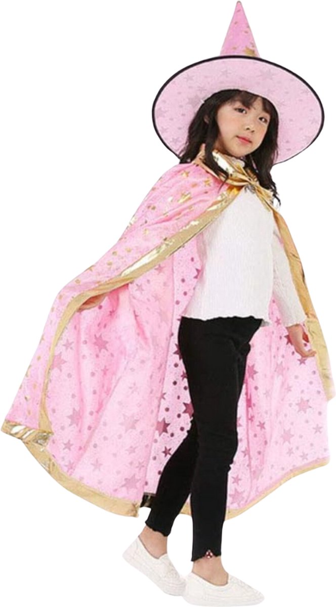 Joya Kids® Tovenaars Cape Hoed Roze | Halloween Verkleedset als Tovenaar | Verkleedkleding | Cape Muts Merlijn | Roze
