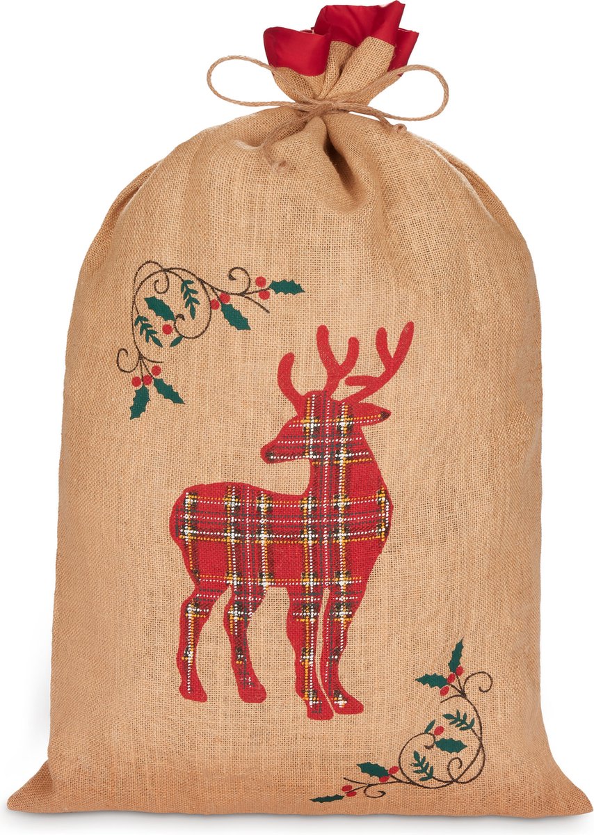 BRUBAKER Kerstzak rendier - 80 cm cadeauzak voor Kerstmis - rood ruitpatroon - kersttas van jute - zak met koord voor het verpakken van geschenken