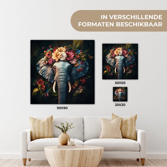 Tableau sur toile 50x50 cm - Décoration murale Éléphant - Animaux - Fleurs - Nature - Décoration murale salon - Décoration chambre - Accessoires chambre - Peintures