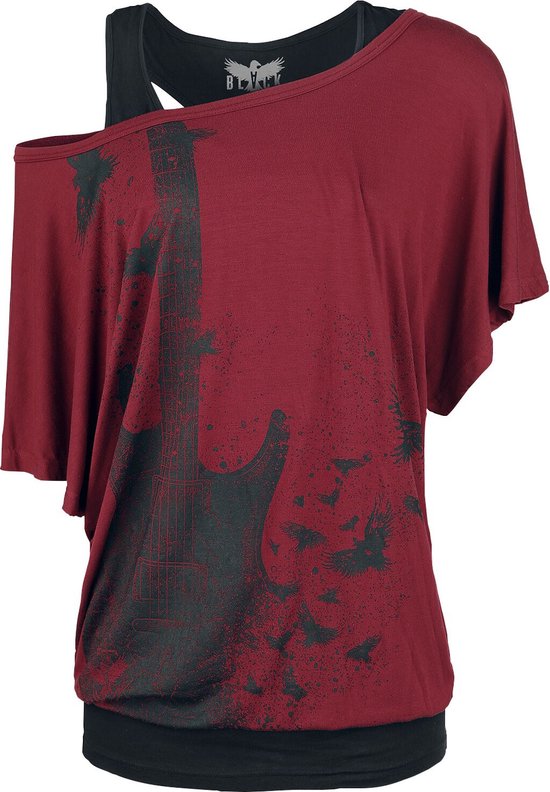 Black Premium by EMP Zwart en rood dubbellaags T-shirt met gitaarprint - Dames - 5XL