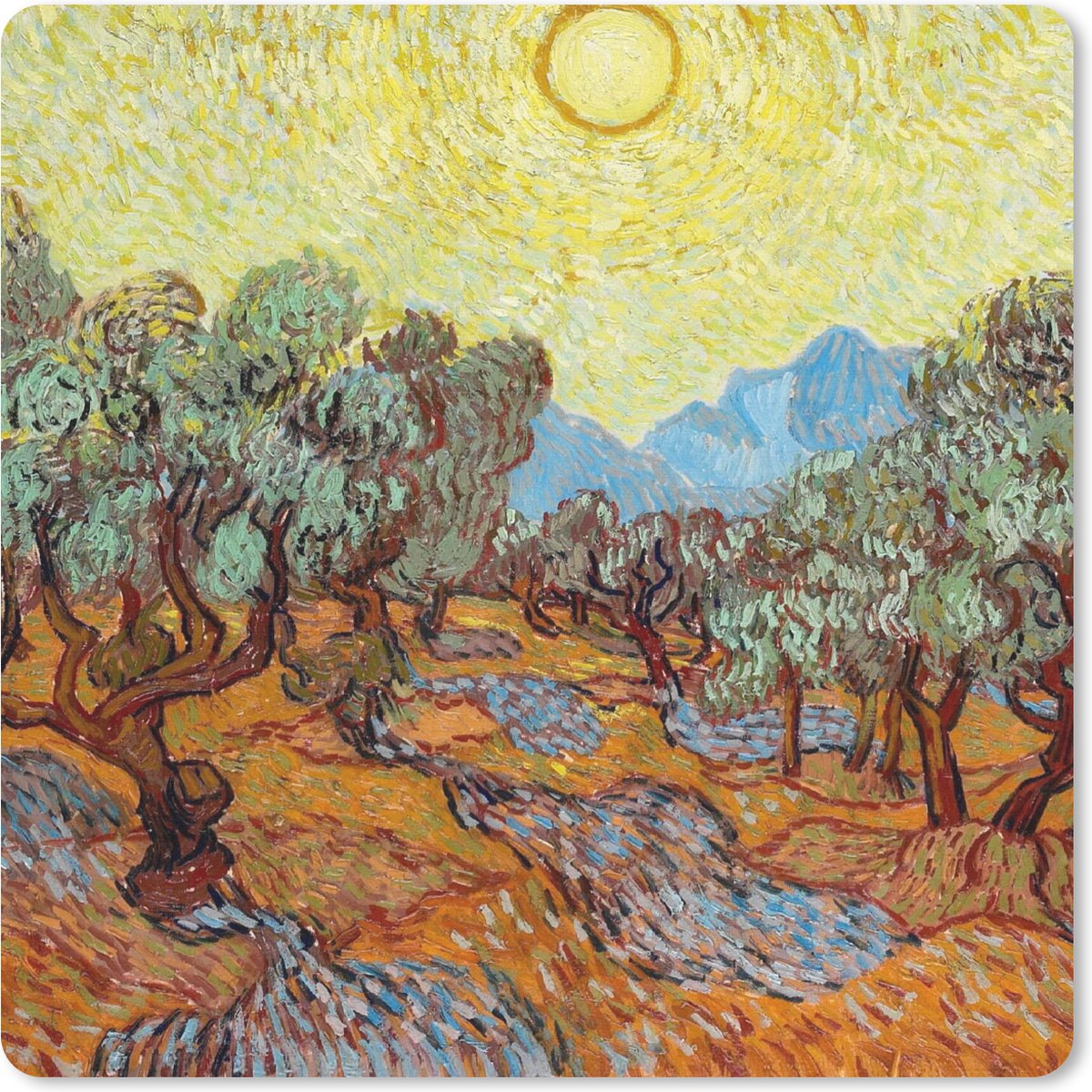 Muismat 30x30 cm - Mousepad Olijfbomen met gele hemel en zon - Vincent van Gogh - Muismatten