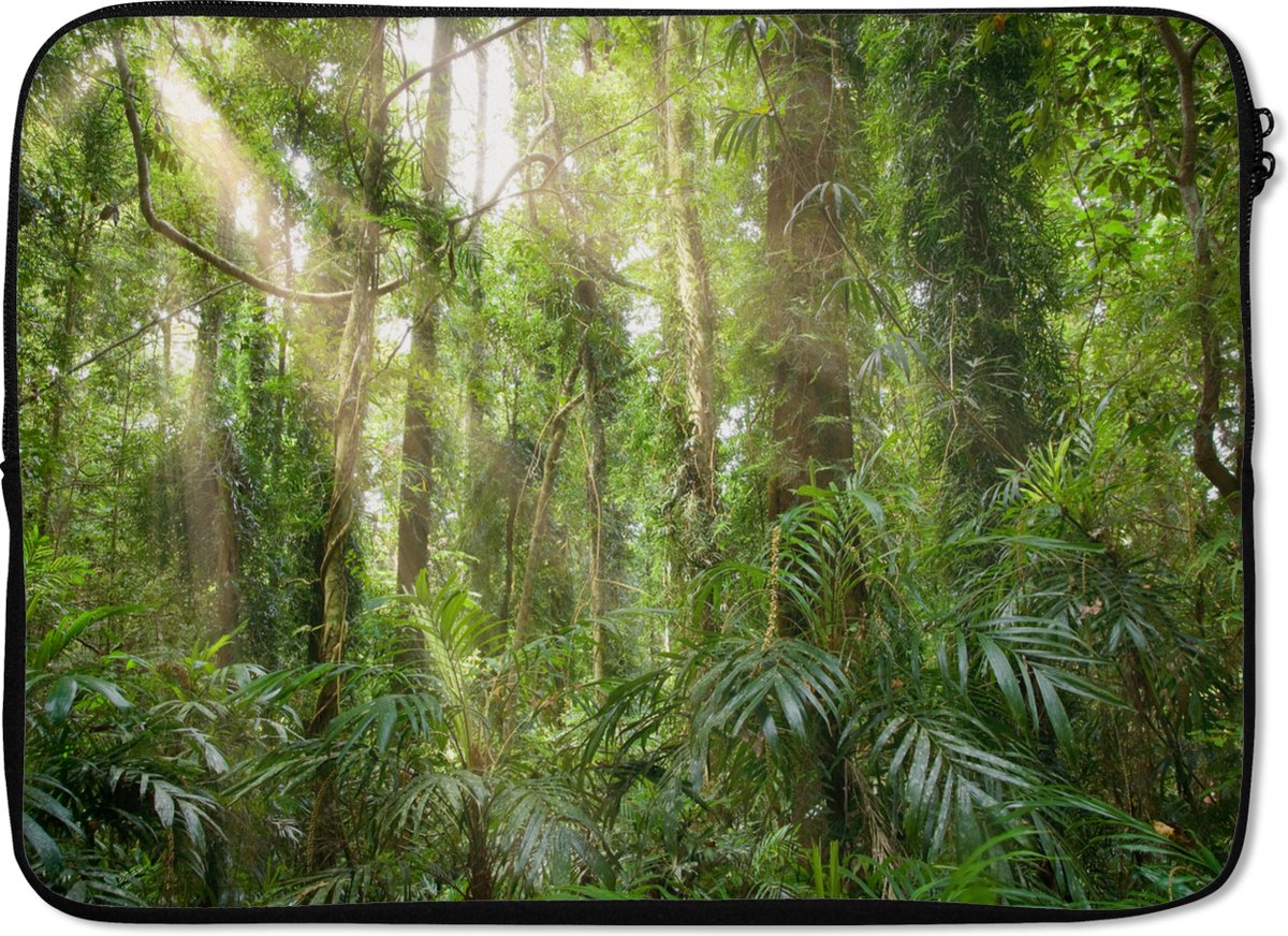 Laptophoes 14 inch - Licht in het woud - Laptop sleeve - Binnenmaat 33x23 cm - Zwarte achterkant