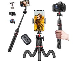 MOJOGEAR TS1 Telefoon Statief - 34 cm - Flexibel camera statief - Gorillapod - Selfie stick - Inclusief telefoonhouder en bluetooth afstandsbediening - Smartphone tripod - Zwart/rood