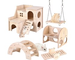 Wooden Hamster Toys Set - DIY Hide House, Bridge, Seesaw, Swing, and Training Accessories