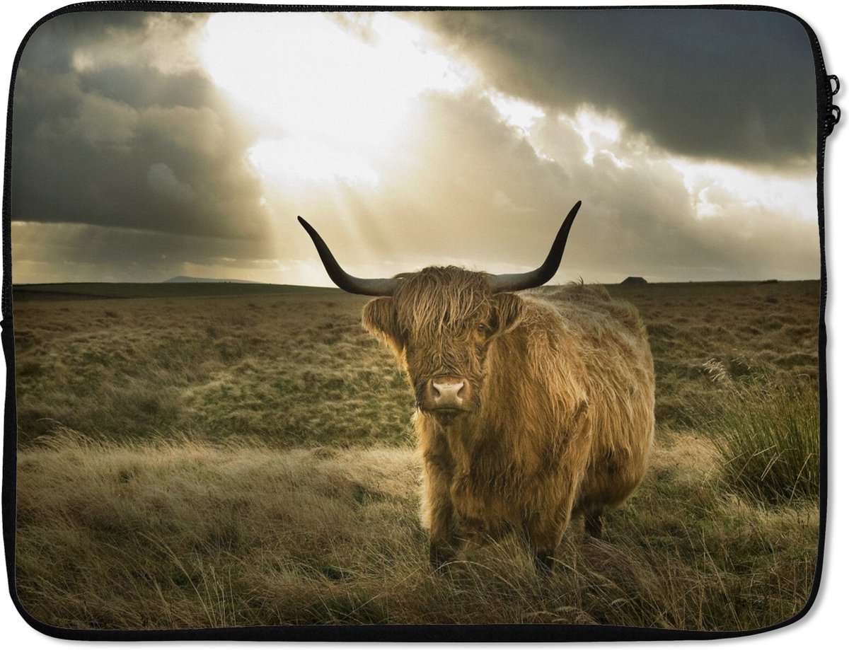 Laptophoes 15.6 inch - Schotse Hooglander - Zon - Dieren - Laptop sleeve - Binnenmaat 37x26 cm - Zwarte achterkant