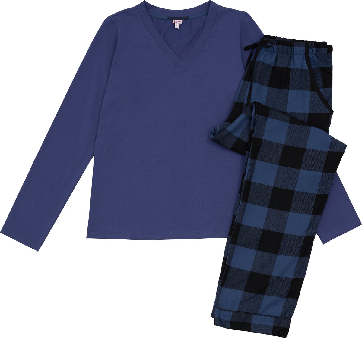 La V La-V pyjamaset voor dames met geruite flanel broek en V hals - Jeans blauw Jean blauw